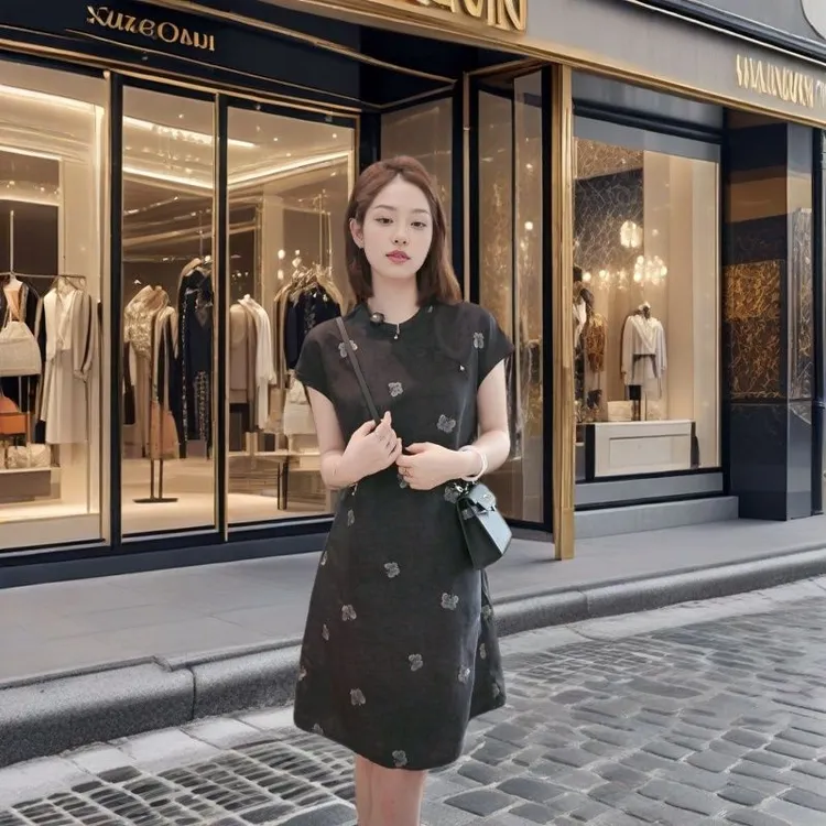 蝶恋花新中式轻奢高级感气质时尚优雅女装旗袍夏季黑色显瘦裙子
