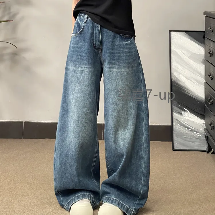 71176冬季加绒加厚阔腿牛仔裤复古高街宽松百搭做旧潮流韩版时尚.