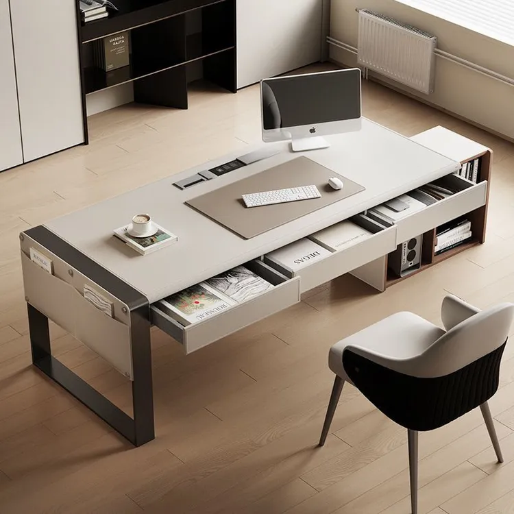意式极简书桌高级感带主机柜家用书房卧室实木电脑桌马鞍皮办公桌