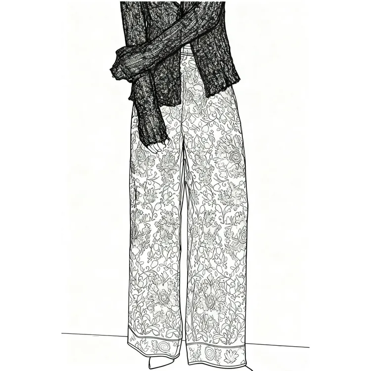 【Montendre】秋季新款 代 中高腰印染长裤复古丝巾图案阔腿裤女