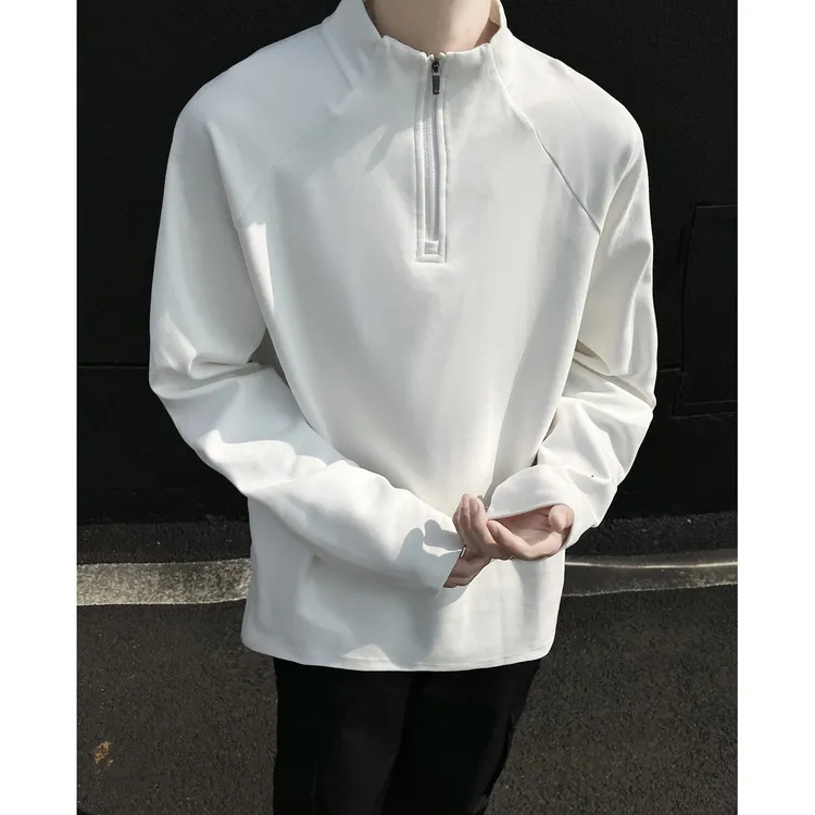 白色德绒半拉链高领打底衫男款秋冬运动健身内搭长袖t恤保暖卫衣