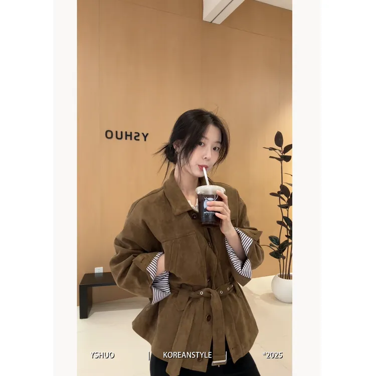 YSHUO【妮味老钱】复古质感绒皮夹克做旧排扣腰带收腰气质外套 9622