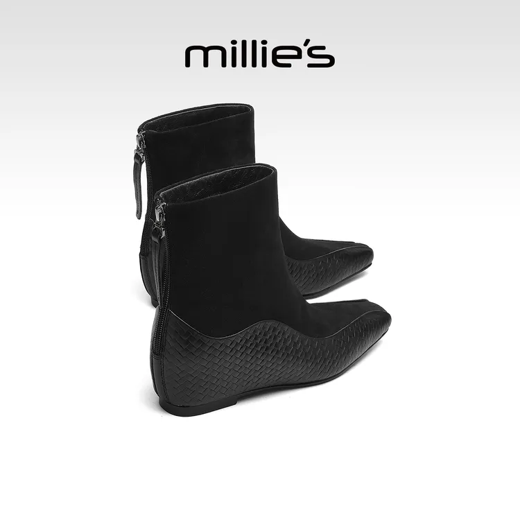 MILLIE'S/妙丽内增高低跟冬季短靴女靴时装靴后拉链方头瘦瘦靴