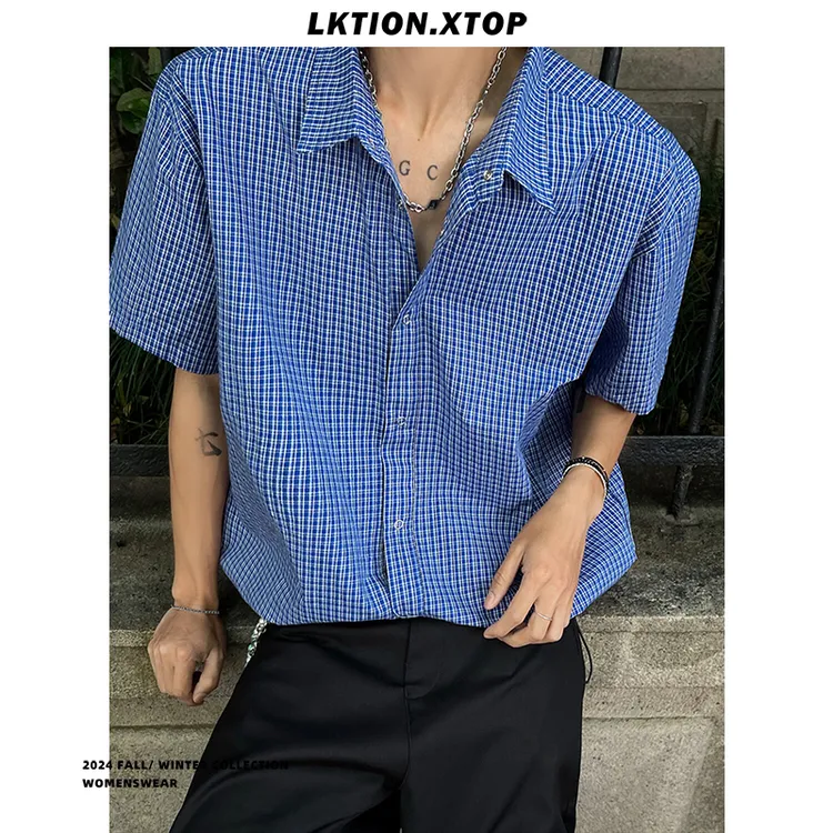 LK正品 痞帅潮新品 蓝色格纹抽绳短袖衬衫cleanfit短款上衣男