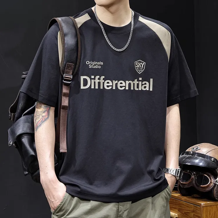 美式复古拼色短袖t恤男士夏季2025新款潮牌宽松大码百搭半袖体恤