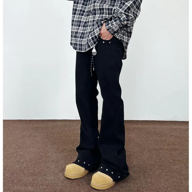 SWAG水洗做旧铆钉毛边拖地微喇叭牛仔裤男女直筒显瘦cleanfit长裤