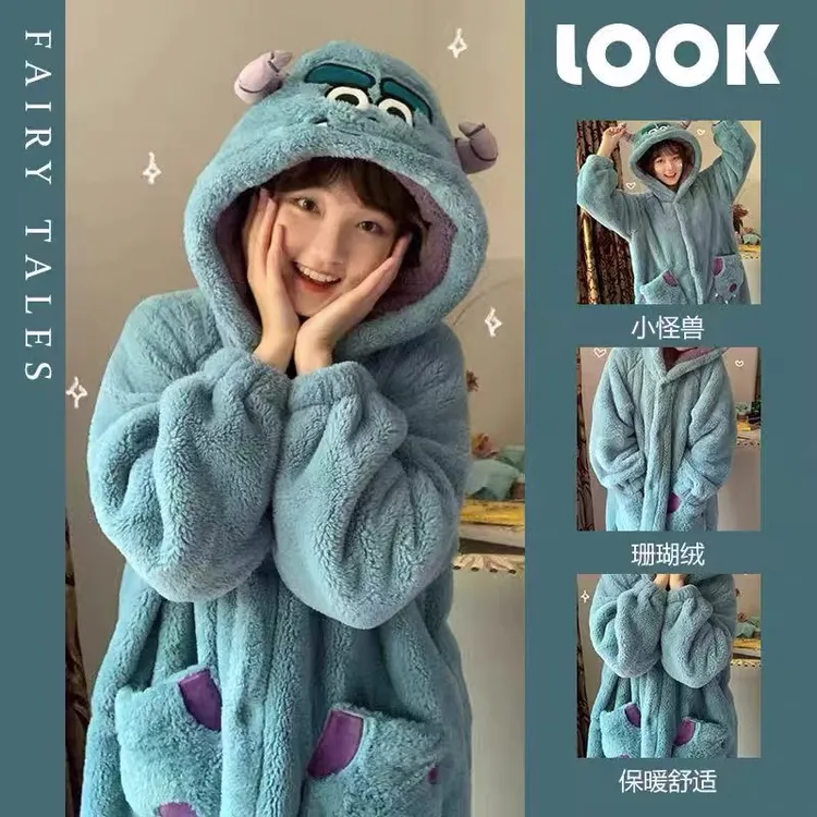 小怪兽睡袍秋冬珊瑚绒加绒加厚睡衣可爱甜美保暖浴袍加长款家居服