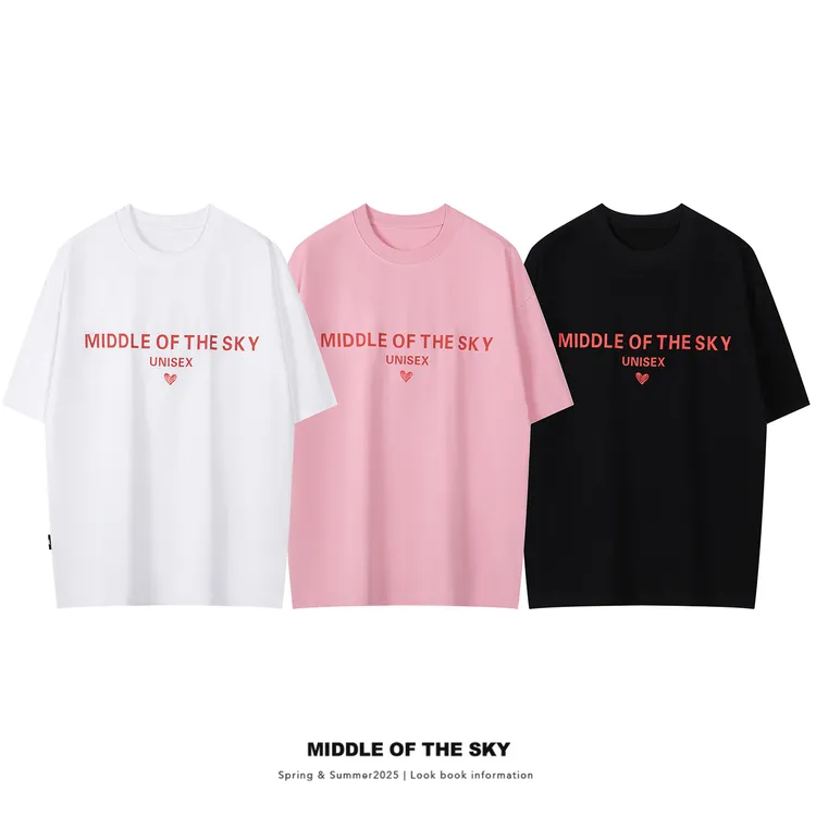 【店播】MIDDLE OF THE SKY2025春夏新款绒感情侣爱心短袖印花圆领T