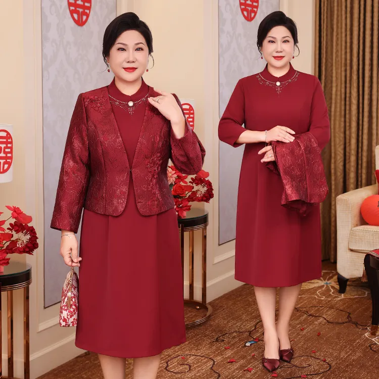 中老年妈妈装婚宴两件套喜妈妈婚宴高端礼服订婚连衣裙