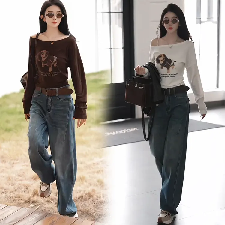 2025秋季设计感斜肩一字领印花长袖t恤上衣显瘦牛仔裤个性两件套
