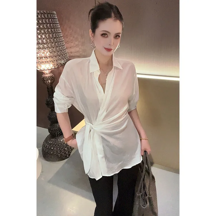 翻领设计感系带长袖衬衫CS30914