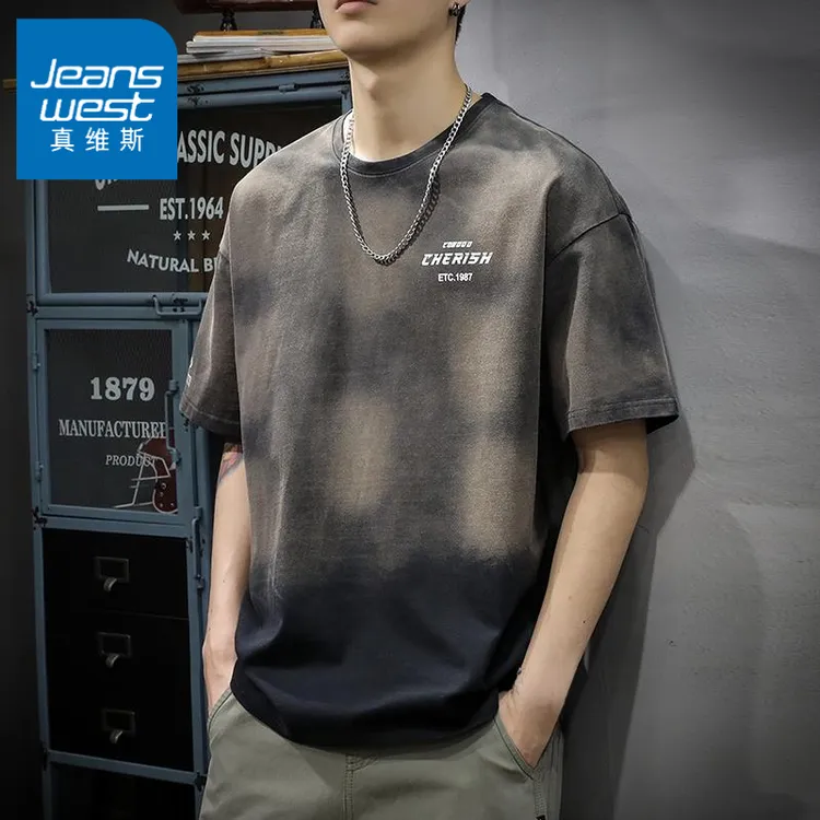 Jeanswest/真维斯美式渐变纯棉短袖宽松大码夏季潮牌ins半高能感