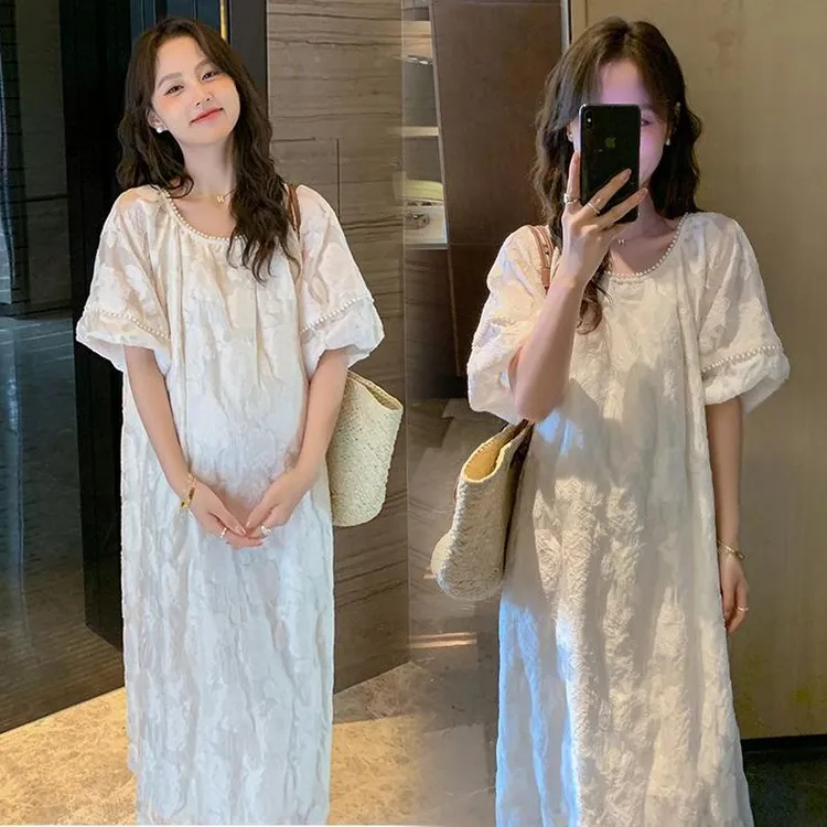 孕妇装夏季宽松短袖纯色优雅气质连衣裙法式设计感中长款时尚感