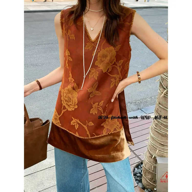 KIKI严选：590090-V+家南油欧货V领国风拼丝绒马甲背心上衣