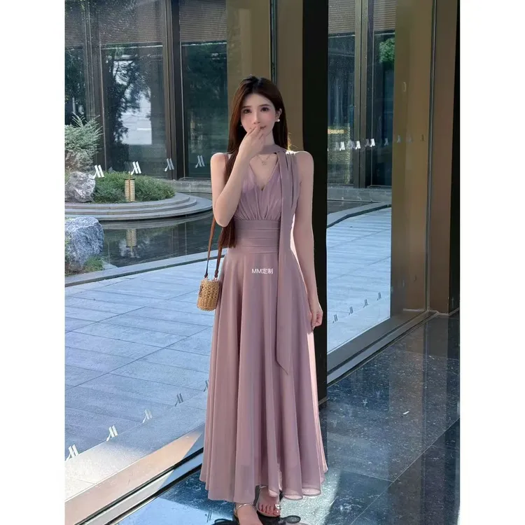 【萌萌家定制】显瘦法式洋气新款气质入秋漫步V领挂脖收腰A437