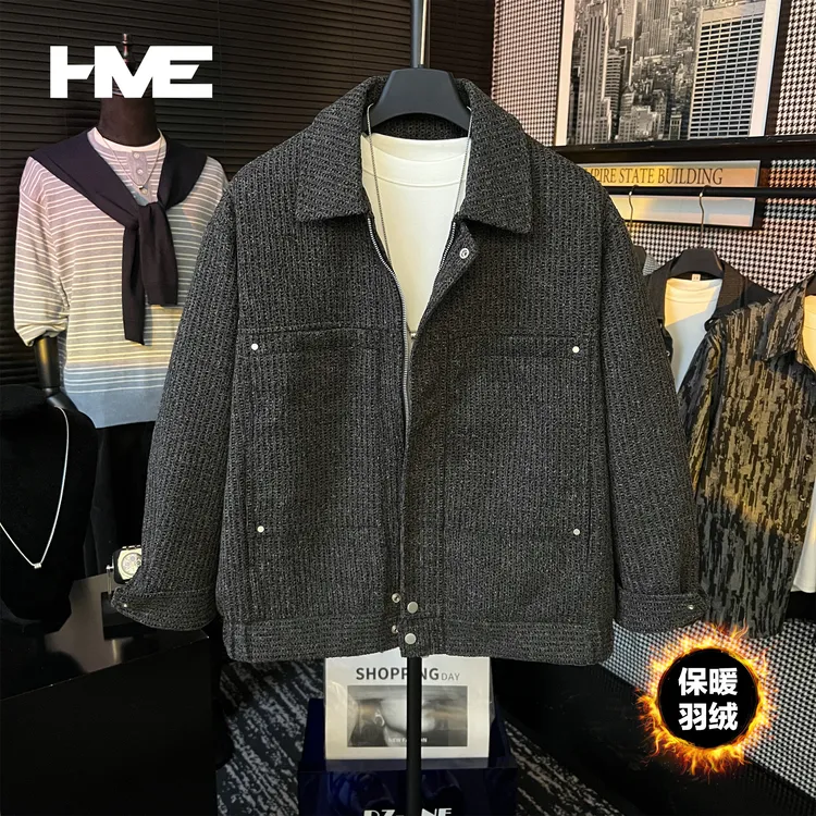 【HMEYAO】【鸭绒粗花呢夹克】原创冬季老钱风铆钉保暖翻领羽绒服外套