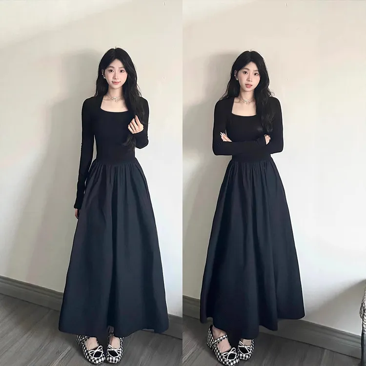 赫本风连衣裙黑色连衣裙女长袖裙子内搭长裙穿搭2025新款秋款女装