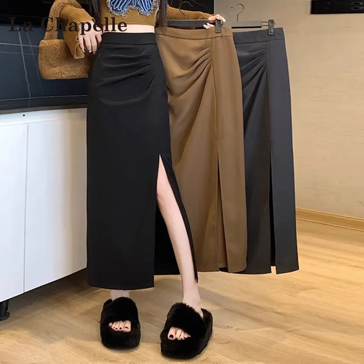 拉夏贝尔高腰开叉半身裙女早秋2025新款小众设计显瘦洋气包臀裙子