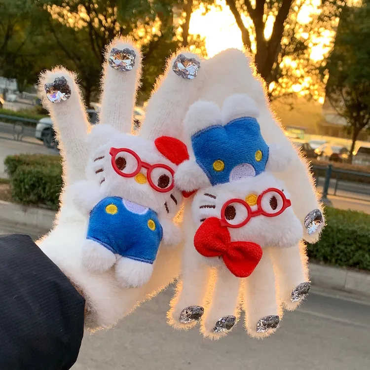 可爱白色水钻Kitty猫咪毛绒针织手套女冬季露指触屏保暖骑车防寒