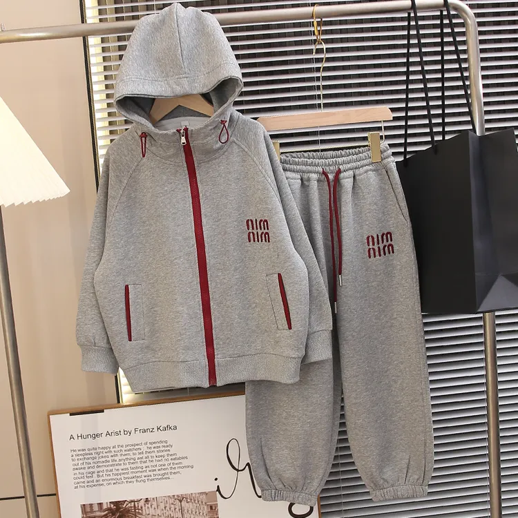 【显白格雷灰】儿童春秋装套装2025新款男童拉链衫连帽卫衣两件套潮