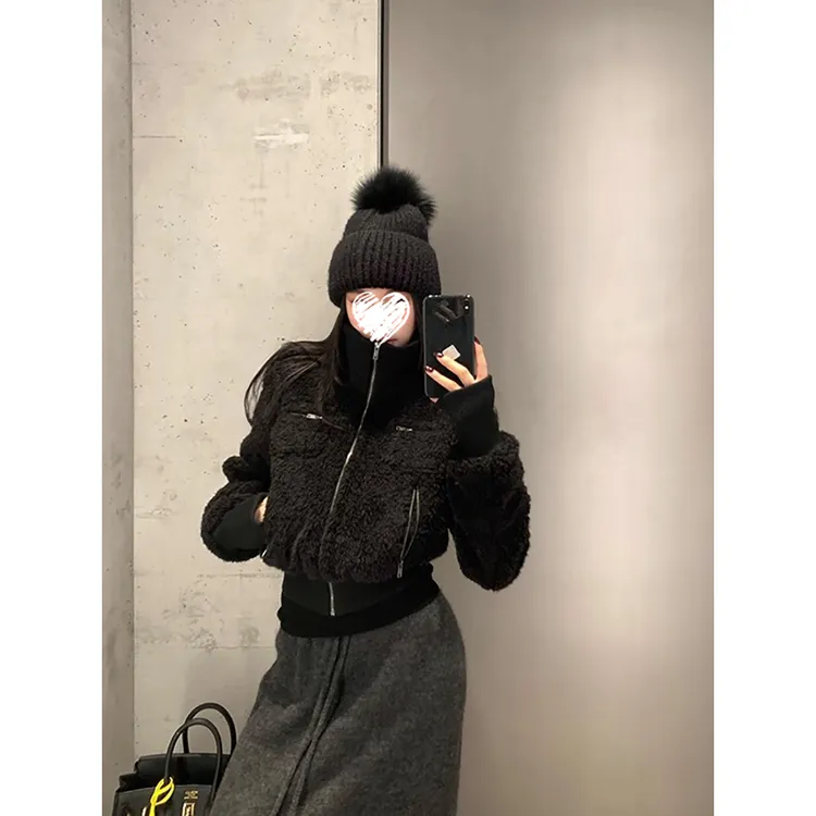 立领短款高级感毛绒外套女冬显瘦百搭长袖外套上衣 90019