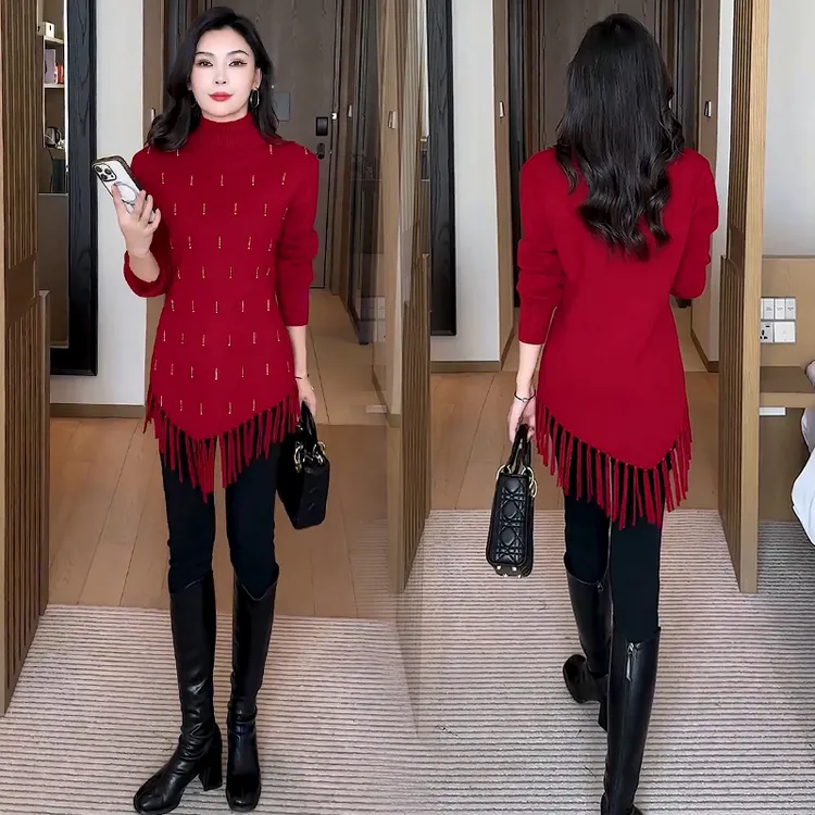 时尚洋气针织衫女2025秋冬新款洋气显瘦中长款不规则流苏打底毛衣