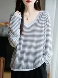韩系慵懒条纹V领针织衫女宽松打底衫