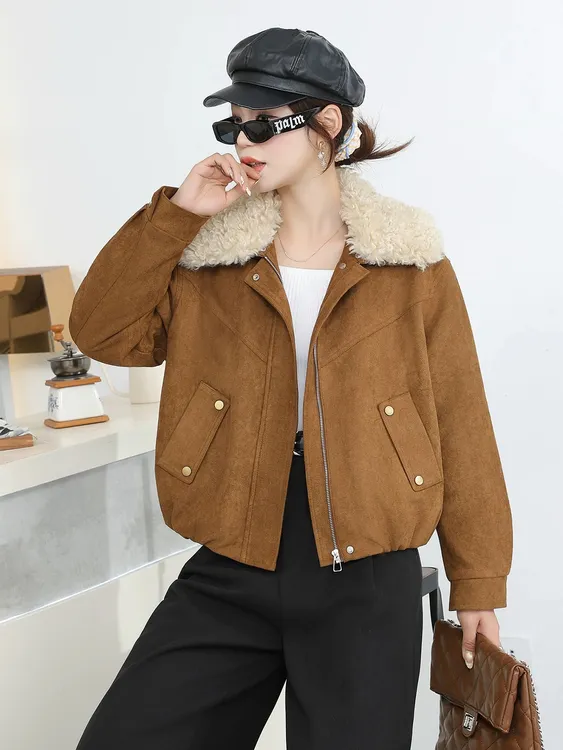 时尚羊羔毛领短款派克服女2025秋冬新款宽松加厚加绒保暖棉服外套