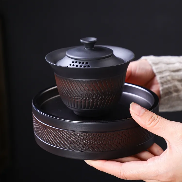高档建水紫陶三才盖碗盖碗茶紫砂纯手工家用茶碗功夫陶瓷茶具单个