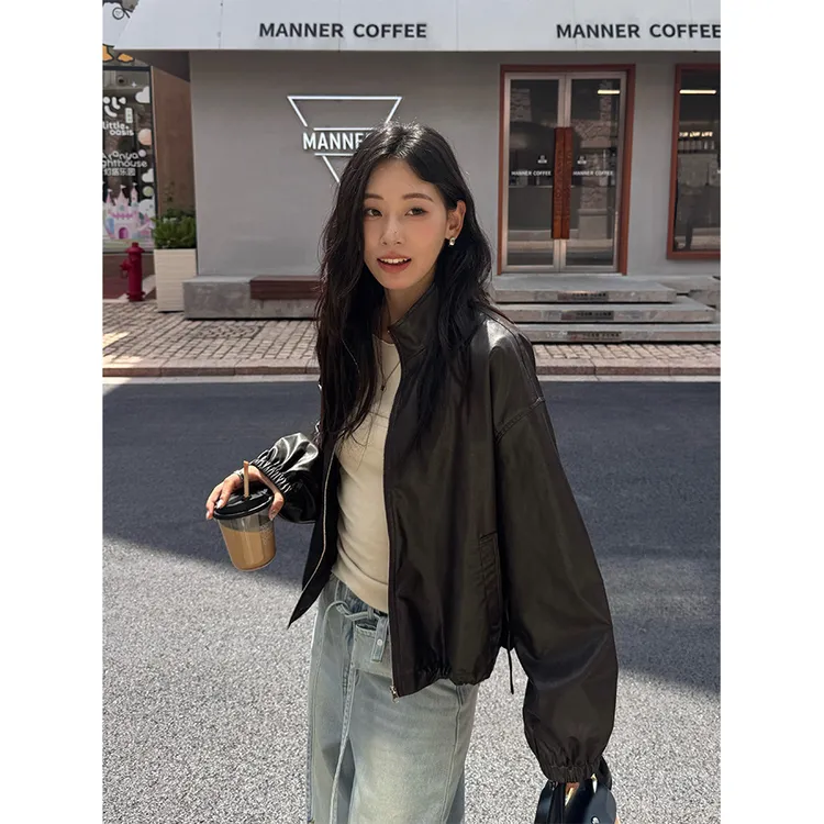 零一韩系超宽松皮短外套女休闲小个子短款减龄皮衣黑色皮夹克夹克