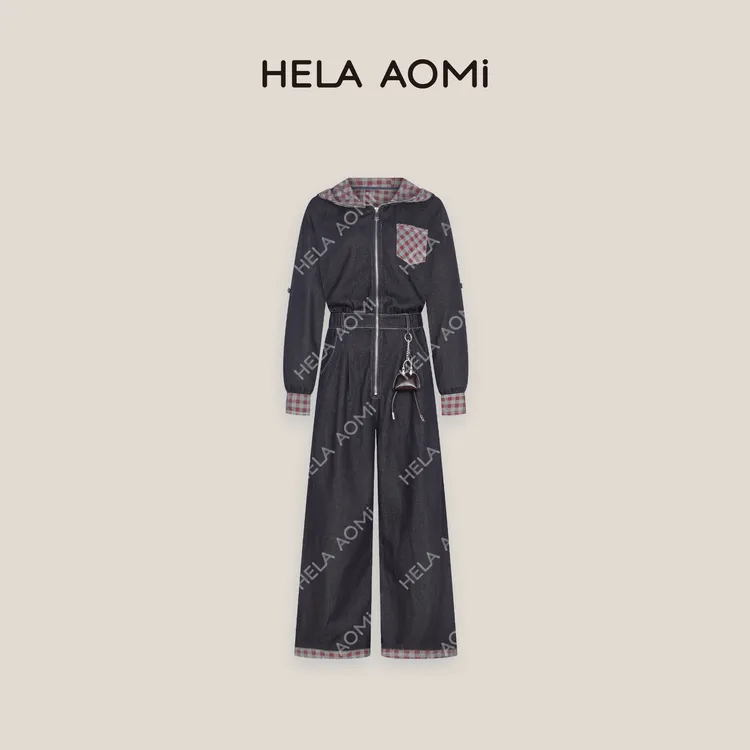 HELA AOMI“牛仔连体裤”丹宁风连帽拼接格纹设计感显瘦连体裤
