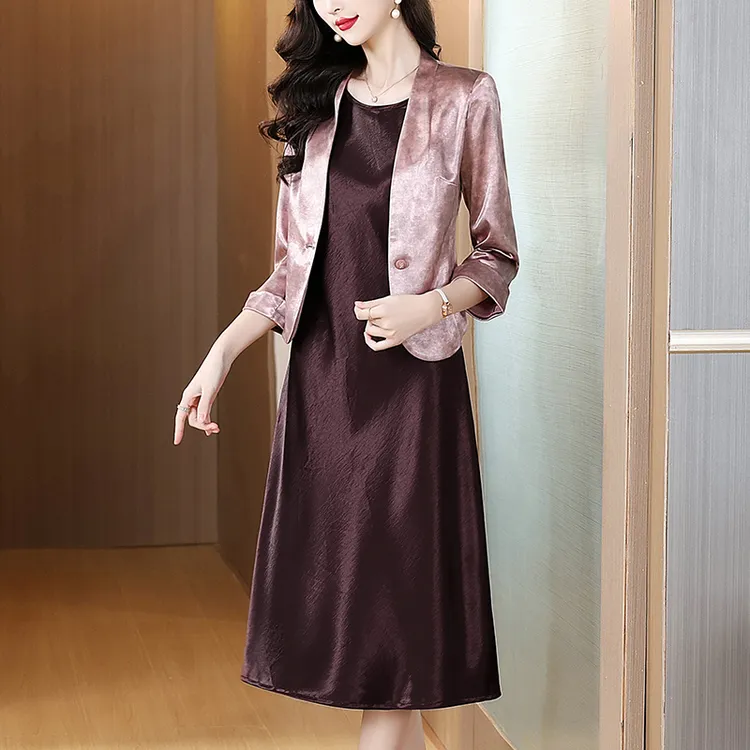 秋季新款紫色高贵女士修身显瘦婚宴礼服装连衣裙减龄显瘦小个子