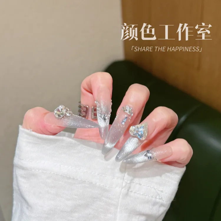 【雾里探花】轻奢高级氛围璀璨微笑法式猫眼纯手工穿戴美甲贴片长款