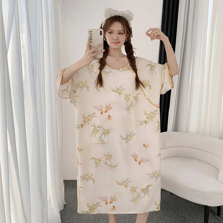 新中式复古风棉绸夏季睡裙中袖加肥加大码胖MM200斤轻薄款睡衣女