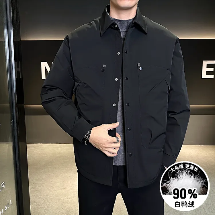 2025冬新款爆款保暖翻领男士黑色羽绒服防寒简约商务休闲羽绒夹克