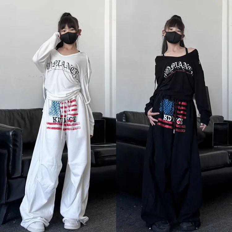 秋季新款童装潮酷女童宽松连帽T恤宽松卫裤少儿舞蹈演出服套装