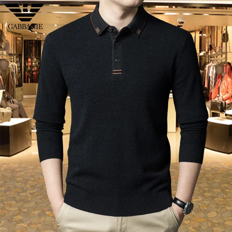 专柜正品100%纯羊毛衫男秋冬新款商务休闲保暖针织翻领毛衣POLO衫