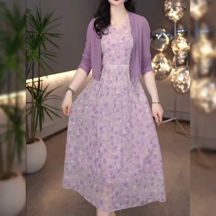 1245#外套+背心裙春季薰衣草紫色小清新穿搭女人味印花连衣裙套装