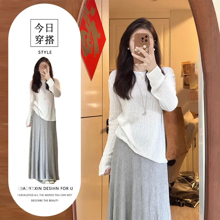 法式慵懒风穿搭套装女秋季新款白色圆领长袖上衣a字半身裙两件套