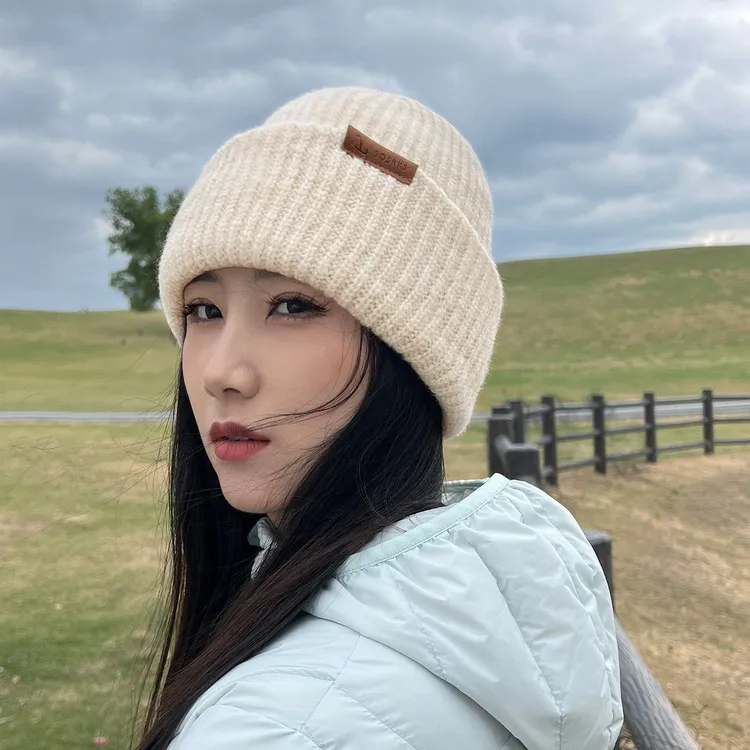 毛线帽女2025毛线加厚帽子米白针织帽加厚保暖黑色护耳大头围男