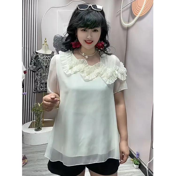 岚岚大码女装夏季新款单肩立体花朵遮肉显瘦女神衫9133