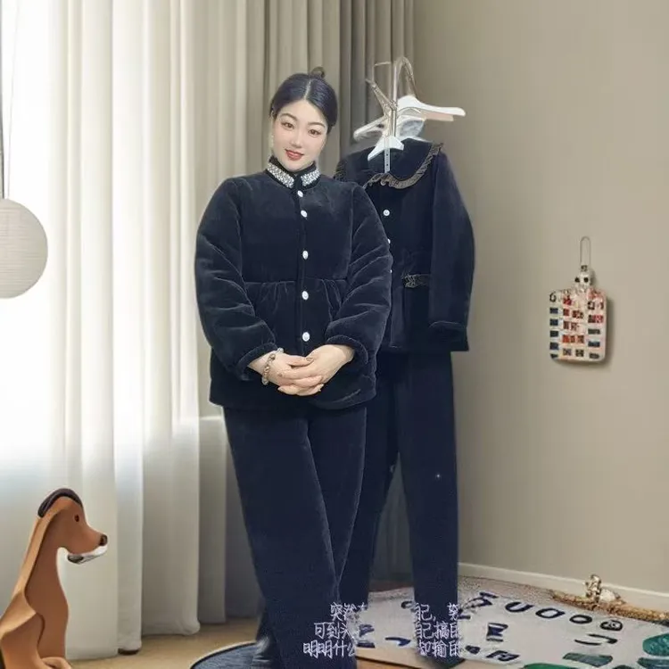 《源楠专属》冬季外穿时尚珍珠领立领雪尼尔竖条纹三层加厚家居服