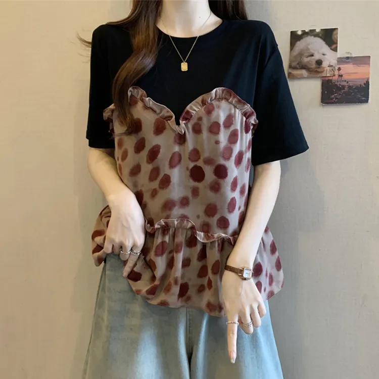 大码遮肚子假两件波点t恤上衣女2025夏季胖妹妹宽松显瘦短袖衬衫