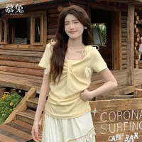 慕兔法式气质立体花朵短袖t恤女2025夏季新款纯欲辣妹收腰v领上衣