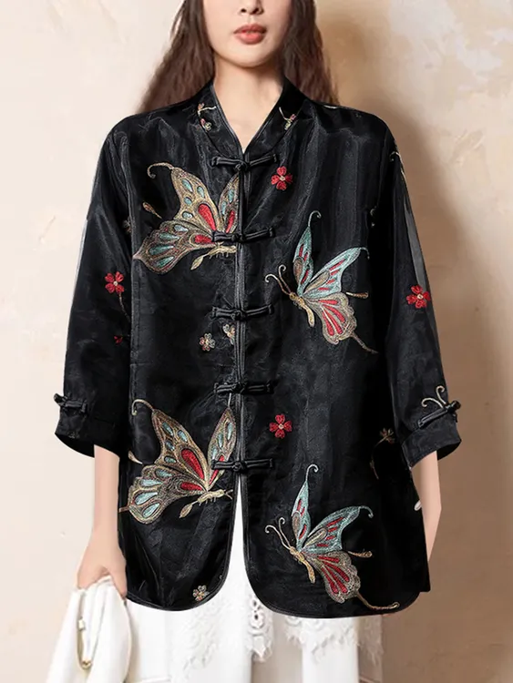 2025秋季新中式立领重工蝴蝶刺绣宽松国风盘扣上衣外套女七分袖