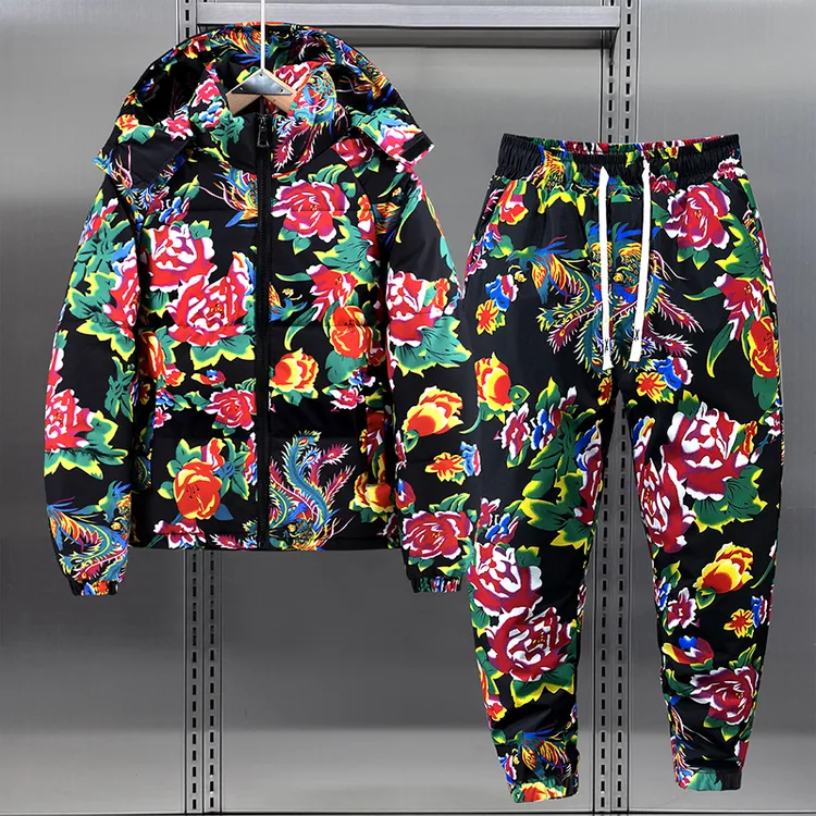 冬季东北大花袄套装男女情侣大码棉衣裤外套复古牡丹花网红棉服潮