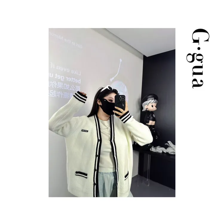 【张_Ggua】大码新款韩版时尚简约撞色V领长袖针织开衫女宽松中长款
