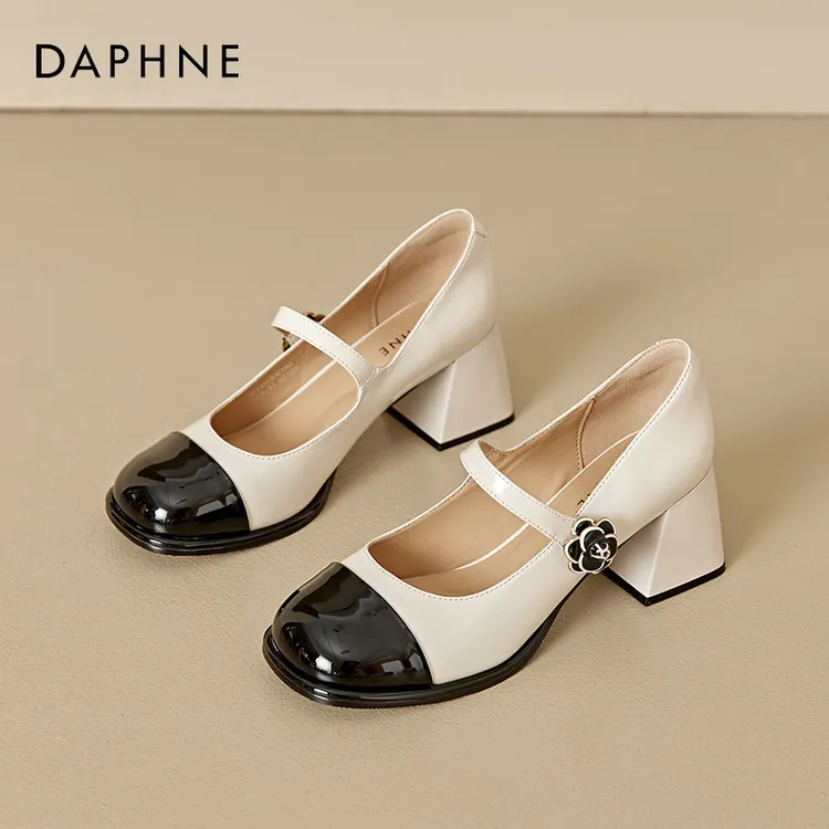 达芙妮黑白拼色玛丽珍女鞋2025秋季新款高跟鞋复古小皮鞋浅口单鞋