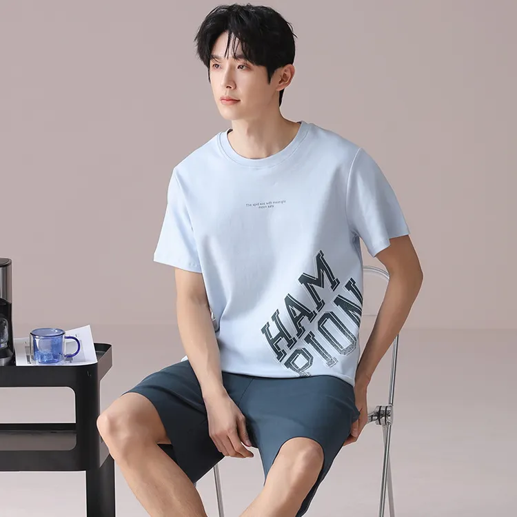 夏季新款柔软睡衣男圆领短袖套装韩版图案休闲可外穿薄款男士大码
