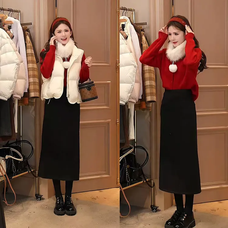 圣诞跨年搭配一整套今年流行套装针织上衣马甲显瘦半身裙三件套